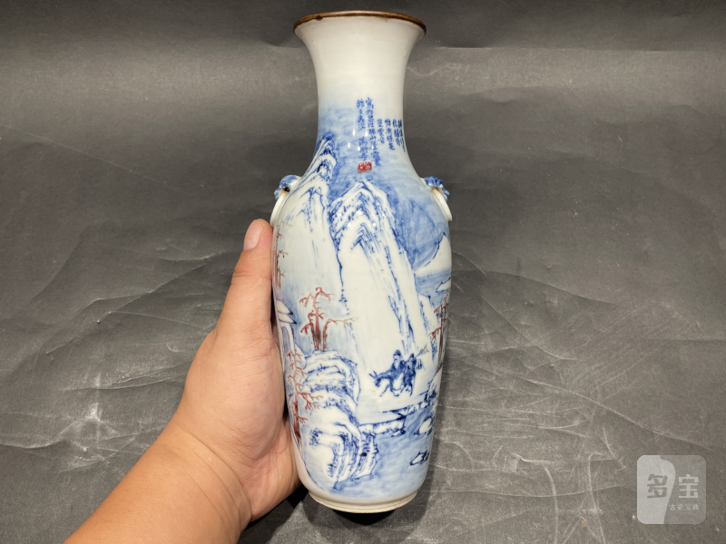 清晚期 青花釉里红踏雪寻梅双耳瓶 - 图2